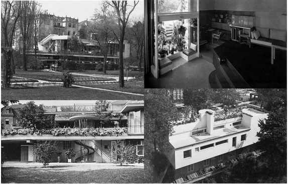 Cuatro imagenes en blanco y negro del pabell&oacute;n por dentro y por fuera. / Four black and white images of the pavilion inside and out.