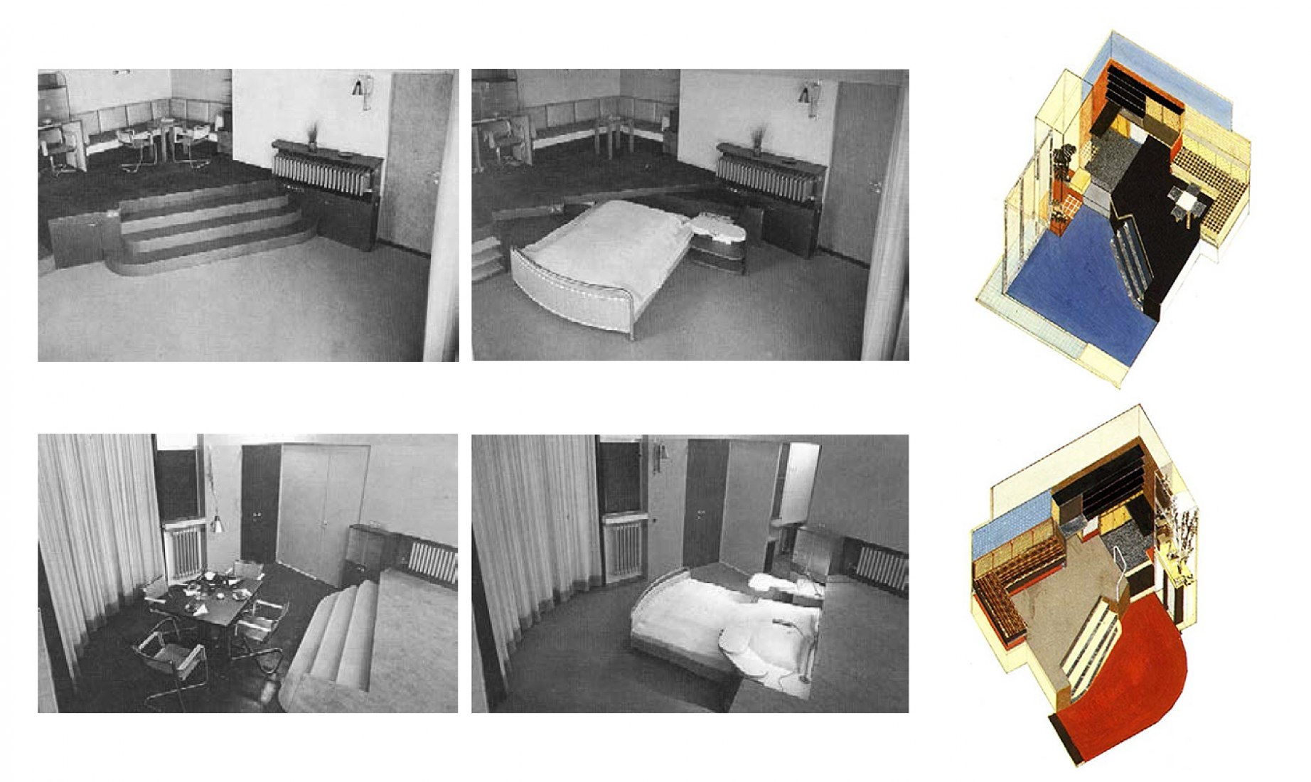 Imagen con las fotos en blanco y negro del interior de las habitaciones.  A la derecha el plano a color de las mismas / Image with black and white photos of the interior of the rooms.  On the right the color plan of the rooms.