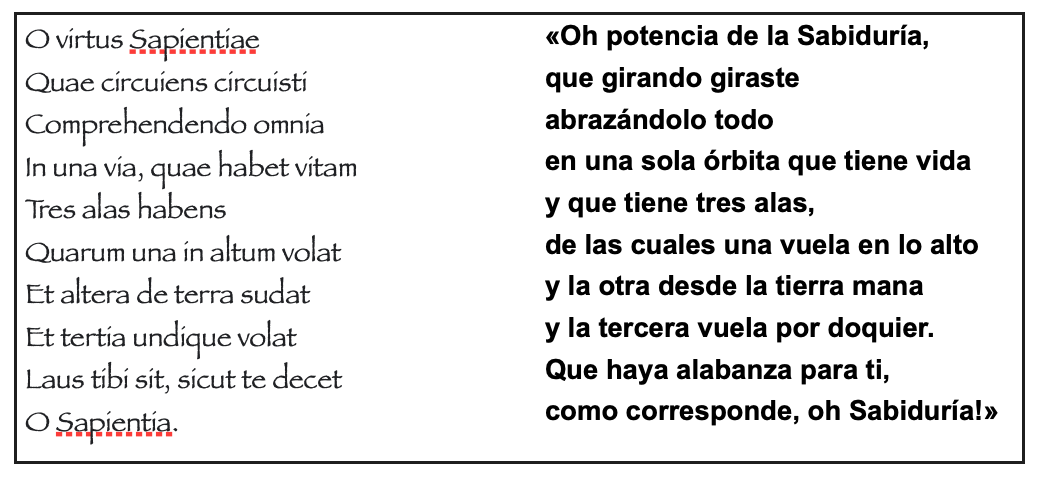 Texto en lat&iacute;n y traducci&oacute;n al espa&ntilde;ol de O virtus sapientiae