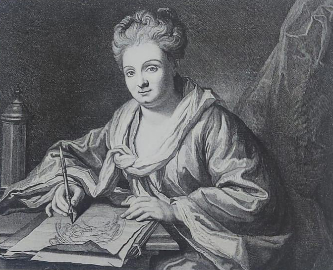 &Oacute;ptica. Grabado de archivo seg&uacute;n Allou. La &ldquo;culta y sabia Pulch&eacute;rie&rdquo; posa junto a un espejo cil&iacute;ndrico y una anamorfosis dibujada por su cuidado