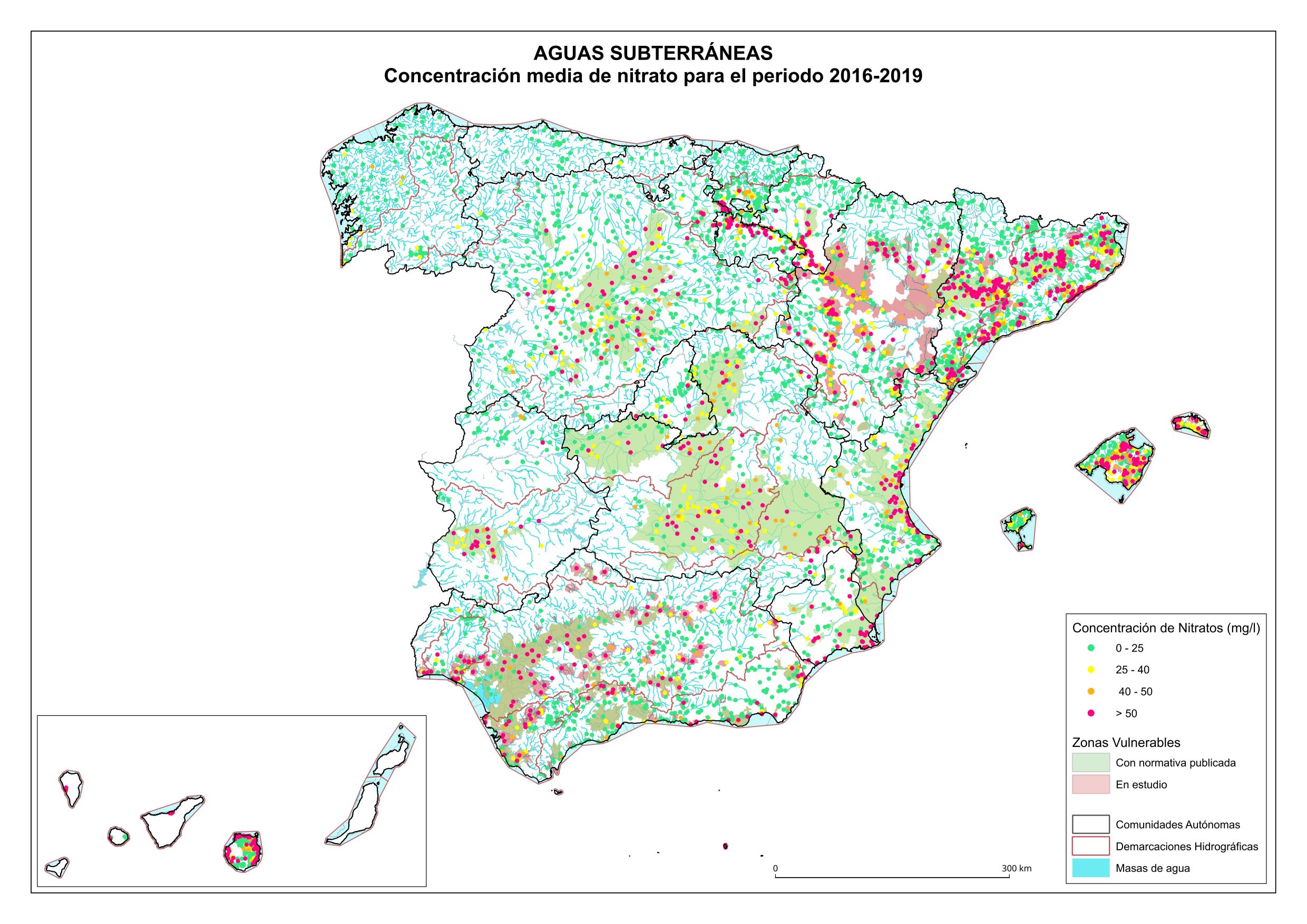 mapa de Espa&ntilde;a con nitratos en aguas subterr&aacute;neas