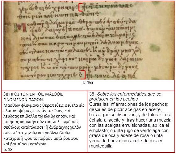 Fragmento del cap&iacute;tulo 38 en tres versiones: texto griego manuscrito, texto griego transcrito y texto traducido al espa&ntilde;ol