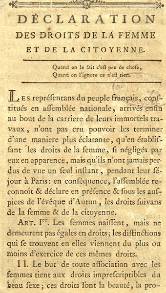 Imagen de la primera p&aacute;gina de la Declaraci&oacute;n de los derechos de la mujer y la ciudadan&iacute;a.
